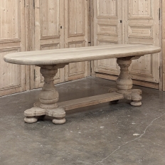 French Mid-Century Oval Trestle Table ~ Stripped Solid Oak