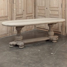 French Mid-Century Oval Trestle Table ~ Stripped Solid Oak