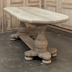 French Mid-Century Oval Trestle Table ~ Stripped Solid Oak