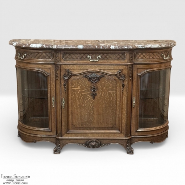Late 19th Century Li&eacute;geoise R&eacute;gence Style Oak Display Buffet with Rouge Griotte Breccia Marble Top