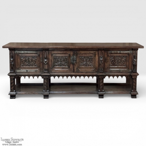 Grand French Gothic Revival Oak Raised Buffet ~ Credenza