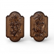 Pair 19th Century Country French Hunt Style Hand-Carved Oak Plaques
