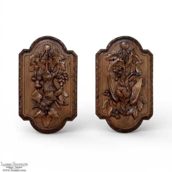 Pair 19th Century Country French Hunt Style Hand-Carved Oak Plaques