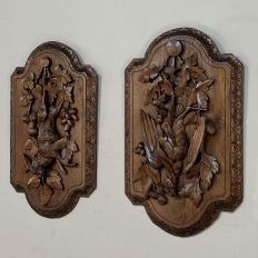 Pair 19th Century Country French Hunt Style Hand-Carved Oak Plaques
