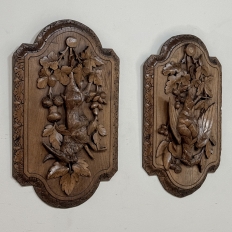 Pair 19th Century Country French Hunt Style Hand-Carved Oak Plaques