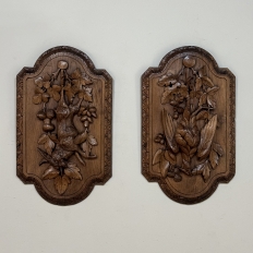 Pair 19th Century Country French Hunt Style Hand-Carved Oak Plaques