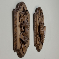 Pair 19th Century Country French Hunt Style Hand-Carved Oak Plaques