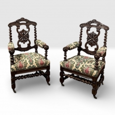 19th Century Renaissance Revival / Louis XIII Style Barley Twist Armchairs in Solid Oak