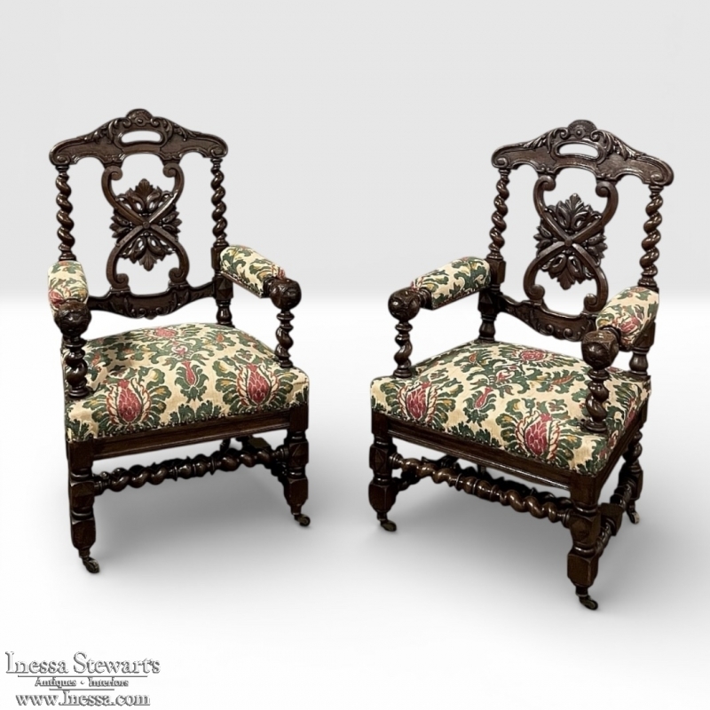19th Century Renaissance Revival / Louis XIII Style Barley Twist Armchairs in Solid Oak