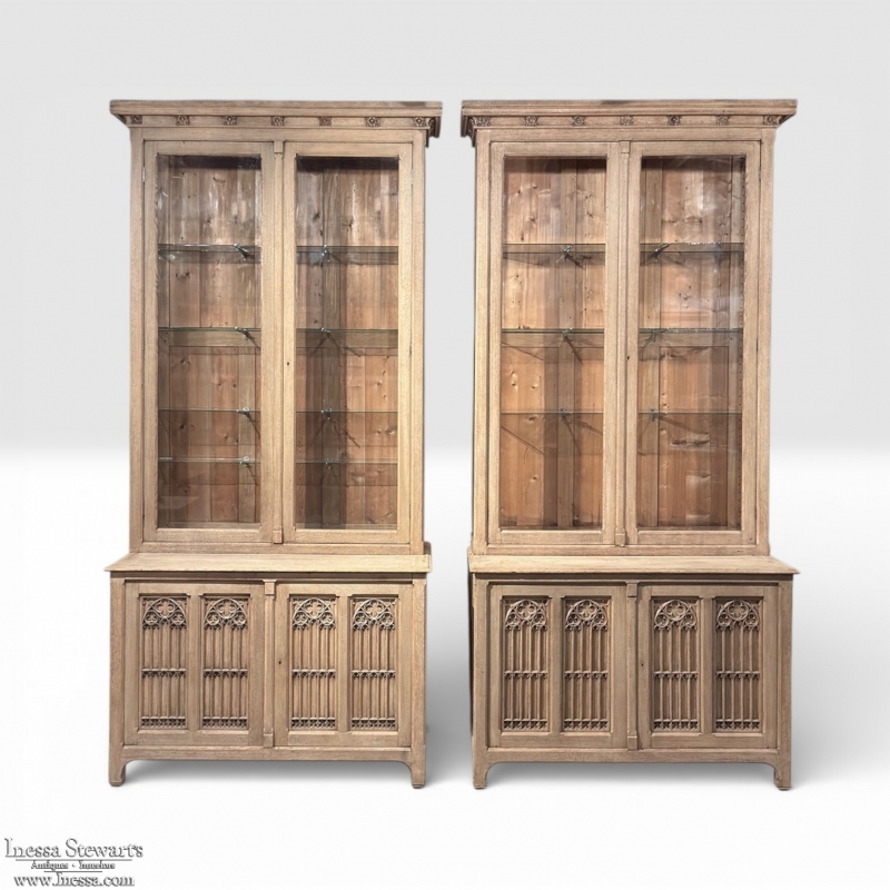 Pair of Monumental Stripped Gothic Revival Solid Oak Display Bookcases