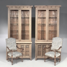 Pair of Monumental Stripped Gothic Revival Solid Oak Display Bookcases