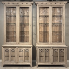 Pair of Monumental Stripped Gothic Revival Solid Oak Display Bookcases