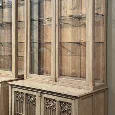 Pair of Monumental Stripped Gothic Revival Solid Oak Display Bookcases