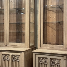 Pair of Monumental Stripped Gothic Revival Solid Oak Display Bookcases