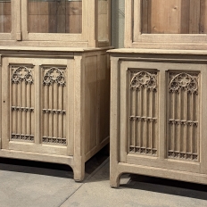 Pair of Monumental Stripped Gothic Revival Solid Oak Display Bookcases
