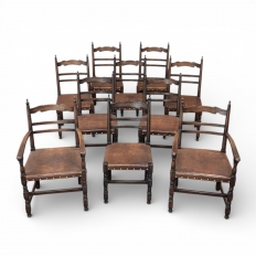 Set of Ten Country French Oak Dining Chairs in the Louis XIII Style, includes 2 Armchairs