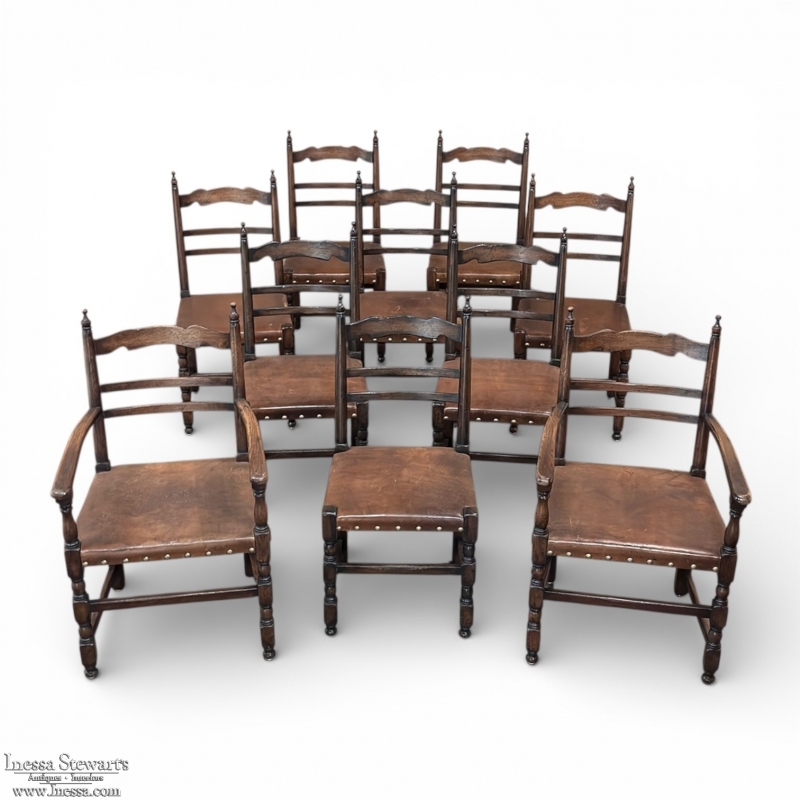 Set of Ten Country French Oak Dining Chairs in the Louis XIII Style, includes 2 Armchairs