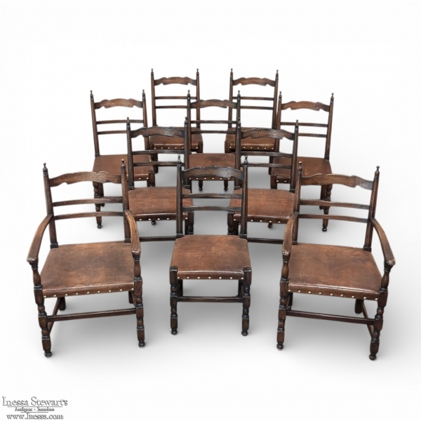 Set of Ten Country French Oak Dining Chairs in the Louis XIII Style, includes 2 Armchairs