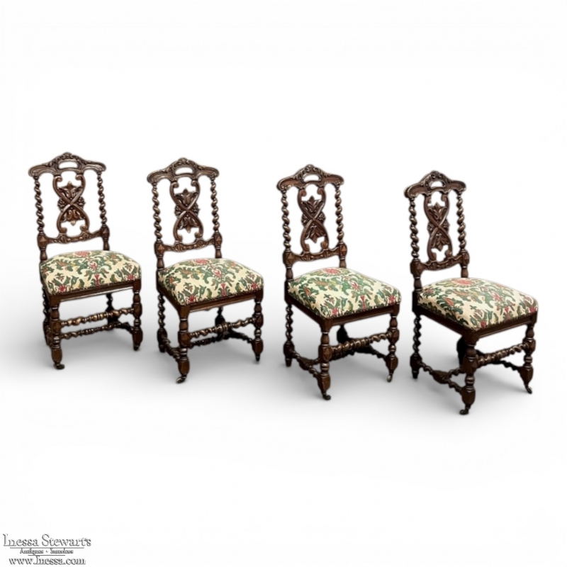 Set of Four 19th Century Renaissance Revival Louis XIII Style Barley Twist Side Chairs in Solid Oak