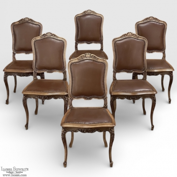 Set of Six Antique French Louis XIV Walnut Dining Chairs