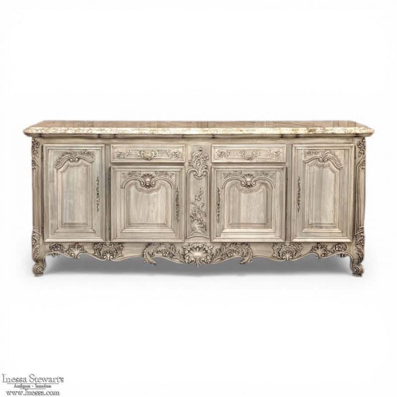 Antique Country French Stripped Walnut Buffet with Thick Siena Marble Top