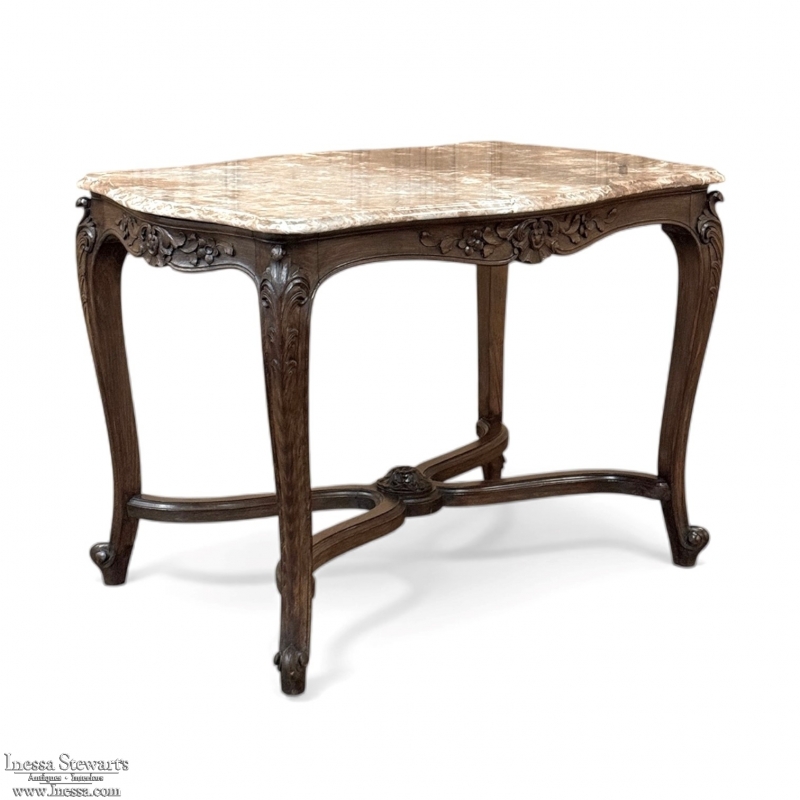 Late 19th Century French Louis XV Walnut Marble-Top Center Table ~ Library Table