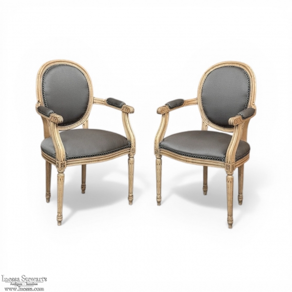 Pair Antique French Louis XVI Medallion Armchairs ~ Fauteuils