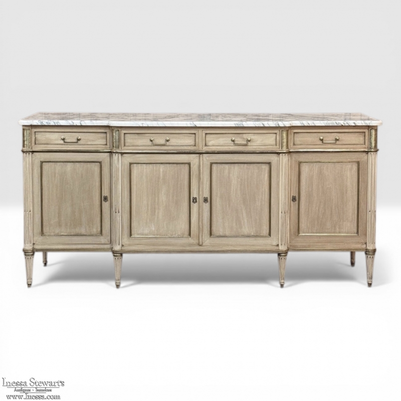 Antique French Directoire Stripped Buffet with Carrara Marble Top
