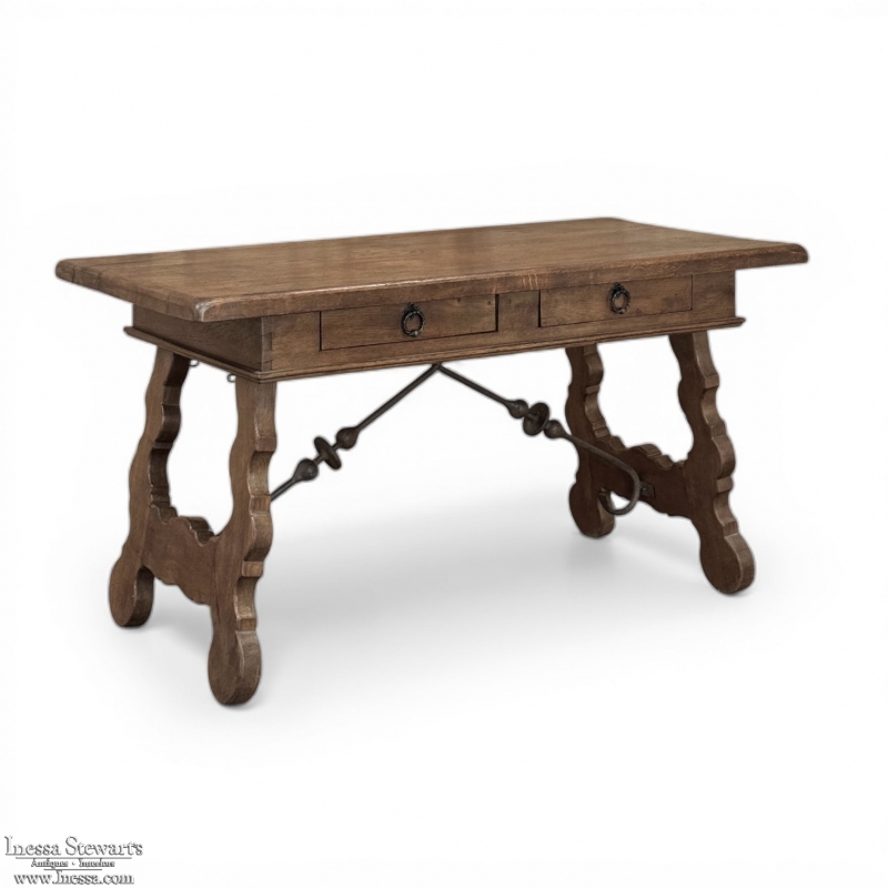 Vintage Spanish Style Two-Drawer Writing Table with Hand-Forged Iron Supports