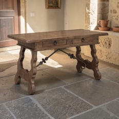 Vintage Spanish Style Two-Drawer Writing Table with Hand-Forged Iron Supports