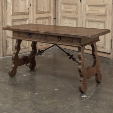 Vintage Spanish Style Two-Drawer Writing Table with Hand-Forged Iron Supports