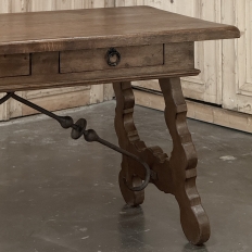 Vintage Spanish Style Two-Drawer Writing Table with Hand-Forged Iron Supports