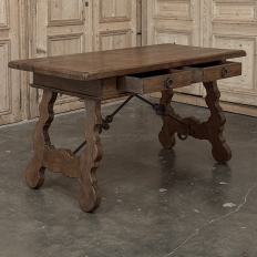 Vintage Spanish Style Two-Drawer Writing Table with Hand-Forged Iron Supports