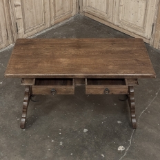 Vintage Spanish Style Two-Drawer Writing Table with Hand-Forged Iron Supports