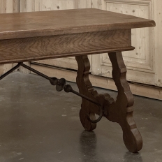 Vintage Spanish Style Two-Drawer Writing Table with Hand-Forged Iron Supports