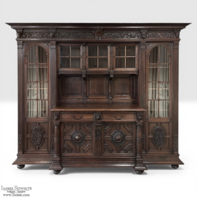 19th Century French Renaissance Revival Carved Oak Bookcase Bar