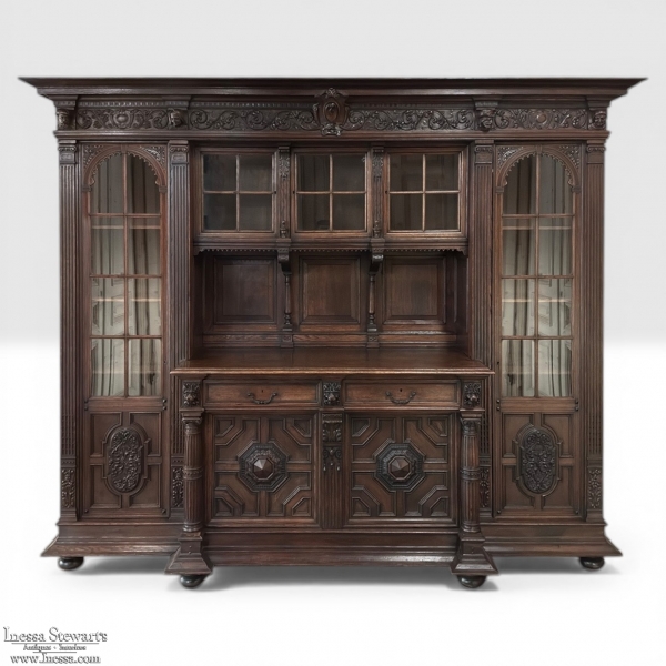 19th Century French Renaissance Revival Carved Oak Bookcase Bar