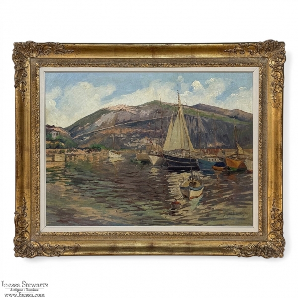 Antique Framed Painting on Canvas 'Harbor in Still Light' signed by J. Gilbert