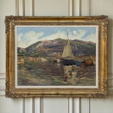 Antique Framed Painting on Canvas 'Harbor in Still Light' signed by J. Gilbert