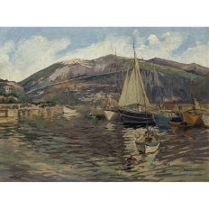 Antique Framed Painting on Canvas 'Harbor in Still Light' signed by J. Gilbert