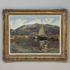 Antique Framed Painting on Canvas 'Harbor in Still Light' signed by J. Gilbert