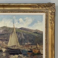 Antique Framed Painting on Canvas 'Harbor in Still Light' signed by J. Gilbert