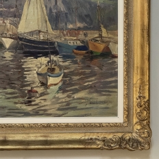Antique Framed Painting on Canvas 'Harbor in Still Light' signed by J. Gilbert