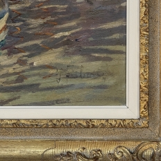 Antique Framed Painting on Canvas 'Harbor in Still Light' signed by J. Gilbert