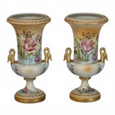 Pair of Vintage Hand-Painted Bavarian Porcelain Swan-Handle Vases