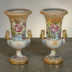 Pair of Vintage Hand-Painted Bavarian Porcelain Swan-Handle Vases