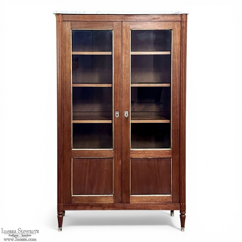 Antique French Louis XVI Style Mahogany Vitrine ~ Bookcase with Carrara Marble
