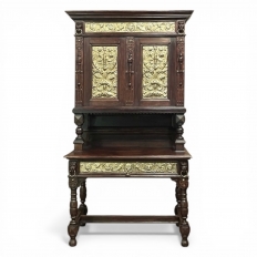 19th Century Flemish Renaissance Revival Secretary Bookcase in Solid Oak with Embossed Brass Panels