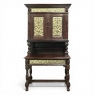 19th Century Flemish Renaissance Revival Secretary Bookcase in Solid Oak with Embossed Brass Panels