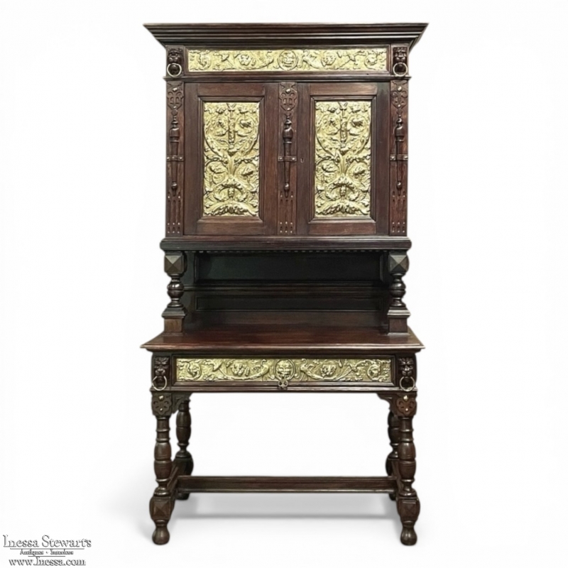 19th Century Flemish Renaissance Revival Secretary Bookcase in Solid Oak with Embossed Brass Panels